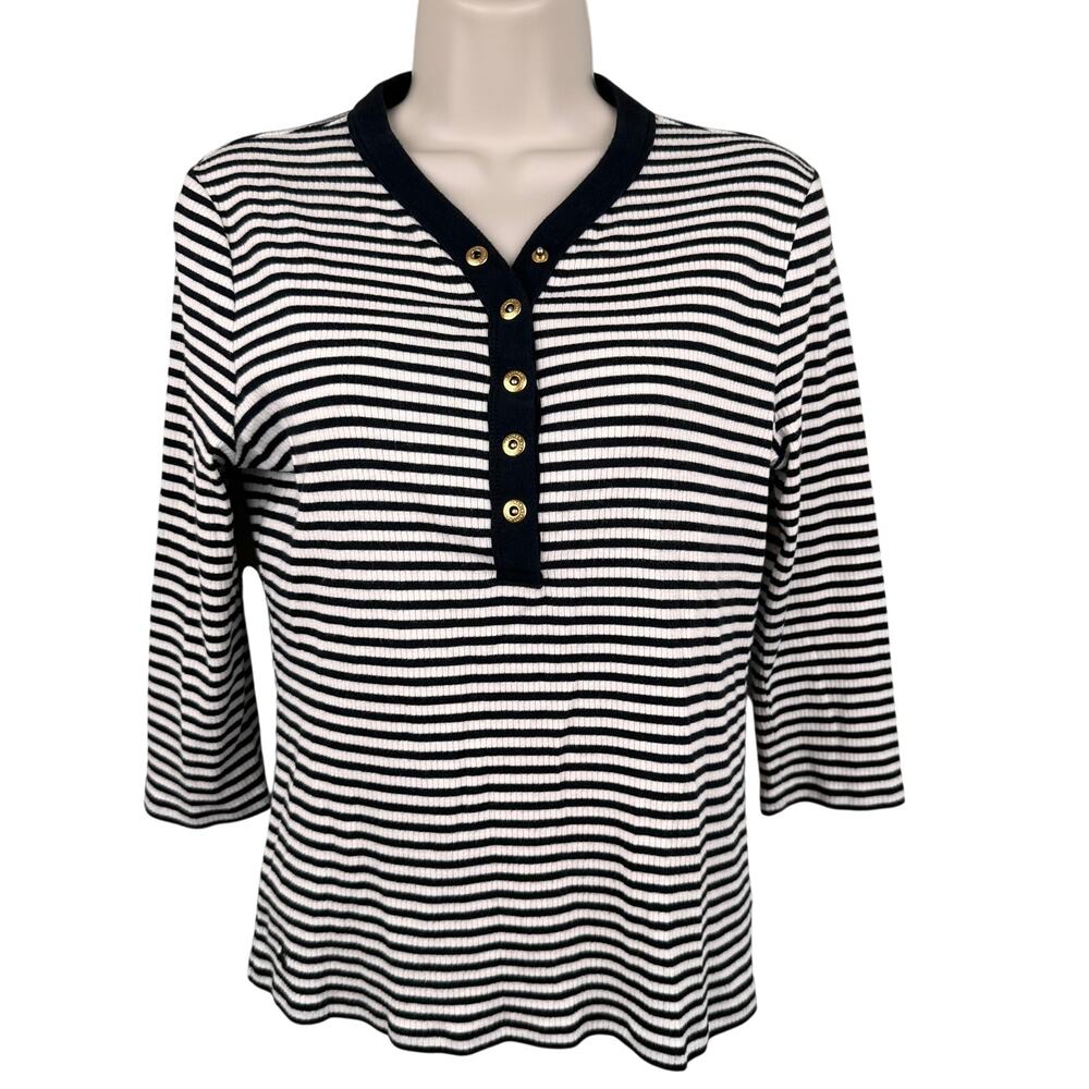 Ralph Laruen Henley Top Striped VTG Y2K Ribbed Brass Snaps Black White PM Preppy